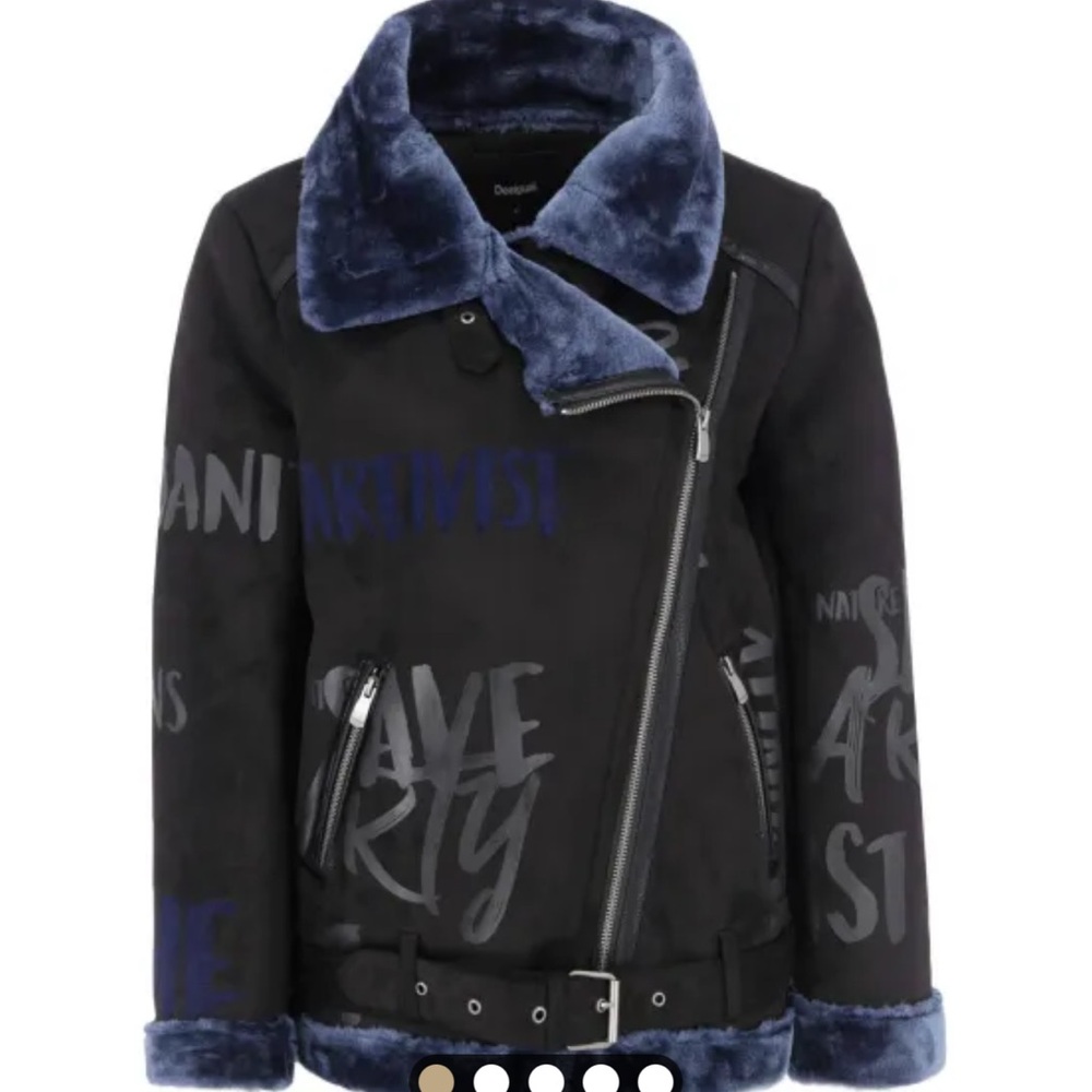 Desigual Tampa Graffiti RARE Save The Plant FauxFur Blue& Black Bomber Coat,42/L